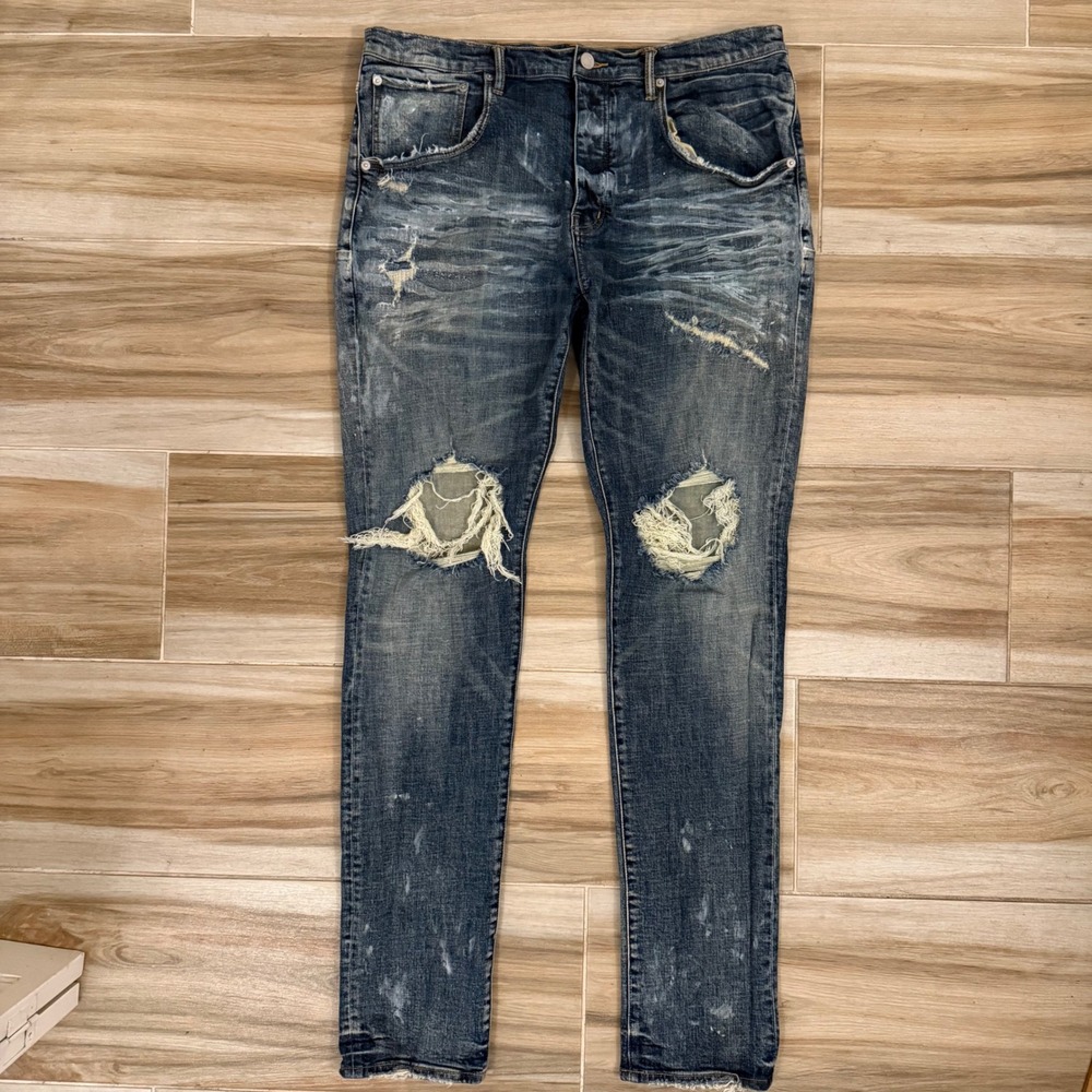 Purple Brand P002 Slim Fit Distressed Blue Jeans Size 38 IHWB622 Paint Splatter